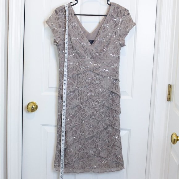 Taupe Lace Sequined Tiered Ruffles Cocktail/Party /Evening Dress  Size M - Picture 5 of 9